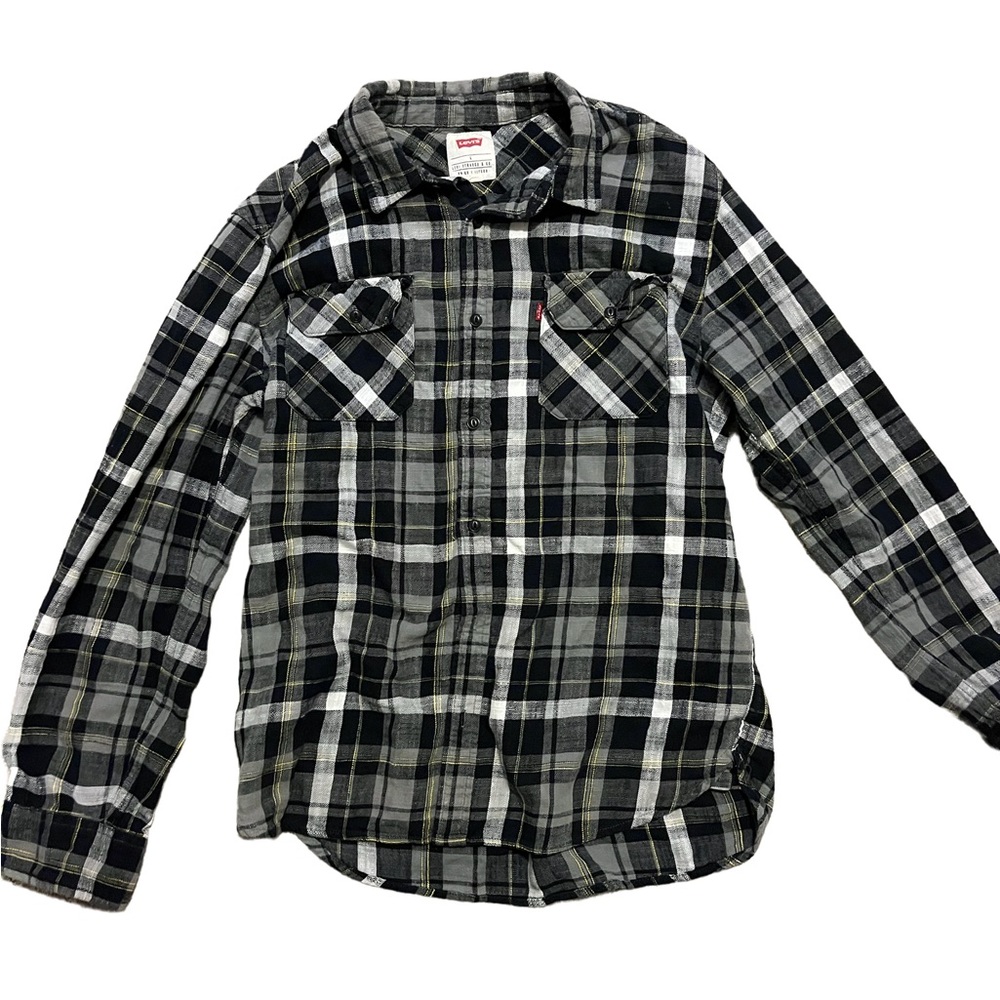 Levis Mens Lrg Black Grey yellow Plaid Flannel Cotton Button Up